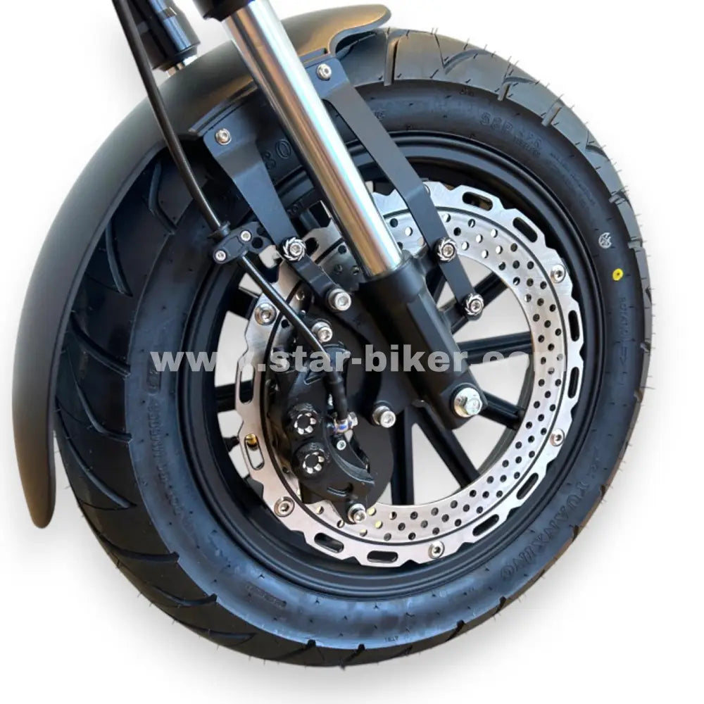 Frontansicht des M1PS Knight mit großem 14-Zoll-Vorderrad und gelochter Edelstahlbremsscheibe – maximale Kontrolle bei hohen Geschwindigkeiten