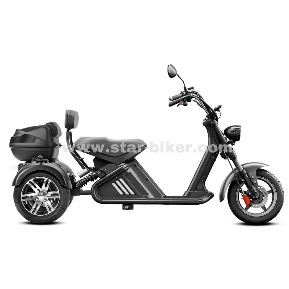 Star-Biker M2 Trike Seitenansicht – dreirädriger E-Roller mit 3 kWh Energieaufnahme, 60V Lithium-Ionen-Akku und komfortabler Sitzbank
