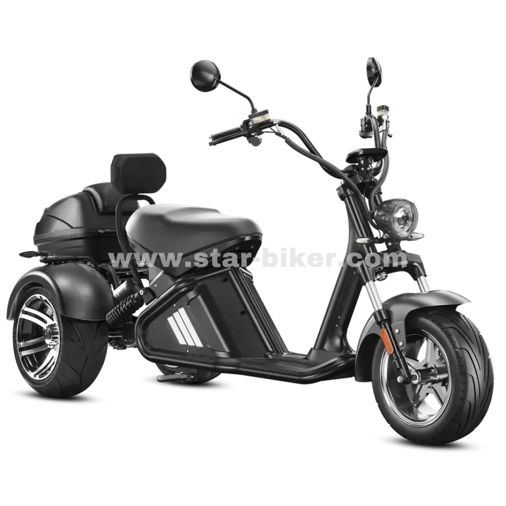 Star-Biker M2 Trike von vorne – elektrisches Dreirad mit LED-Beleuchtung, hydraulischen Scheibenbremsen und stabilem Stahlrahmen