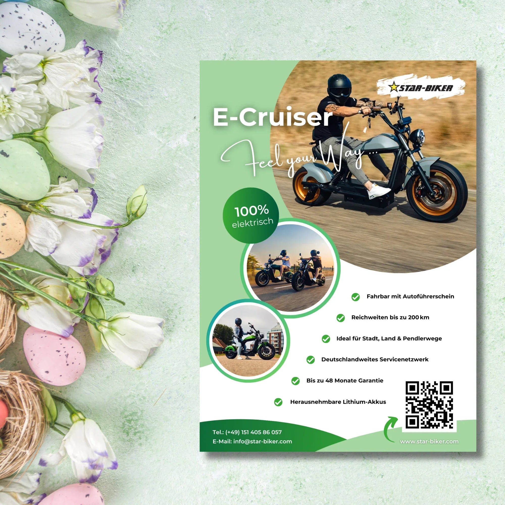 Flyer zur Star-Biker Osterferien-Aktion für Kinder und Familien – jetzt mithelfen, E-Roller und E-Chopper bekannt machen und fair entlohnt werden.