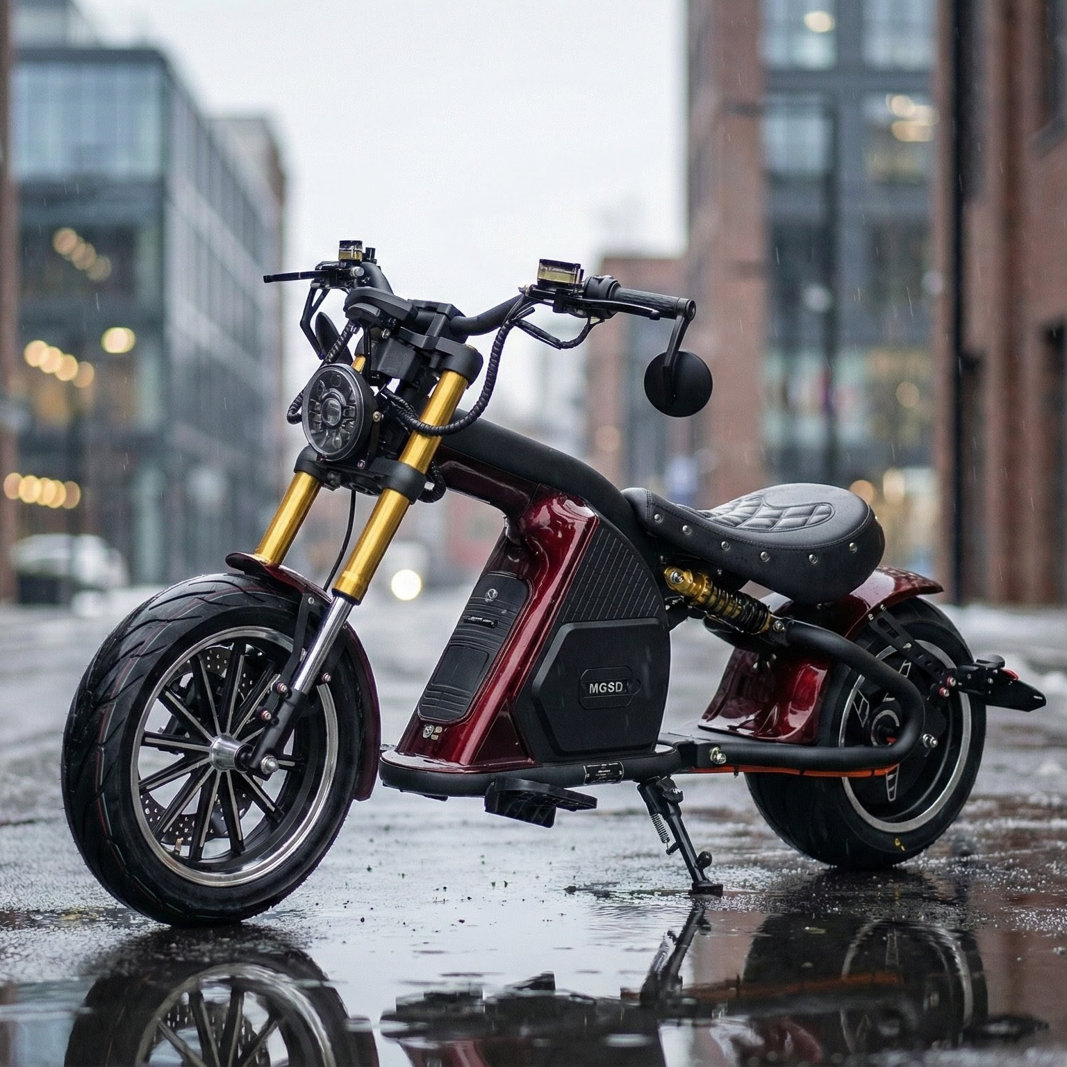 Star-Biker Bobber M8S Custom & E-Chopper auf nasser Straße im Winter mit Schneeresten – sicherer Ganzjahresbetrieb bei Regen und Kälte