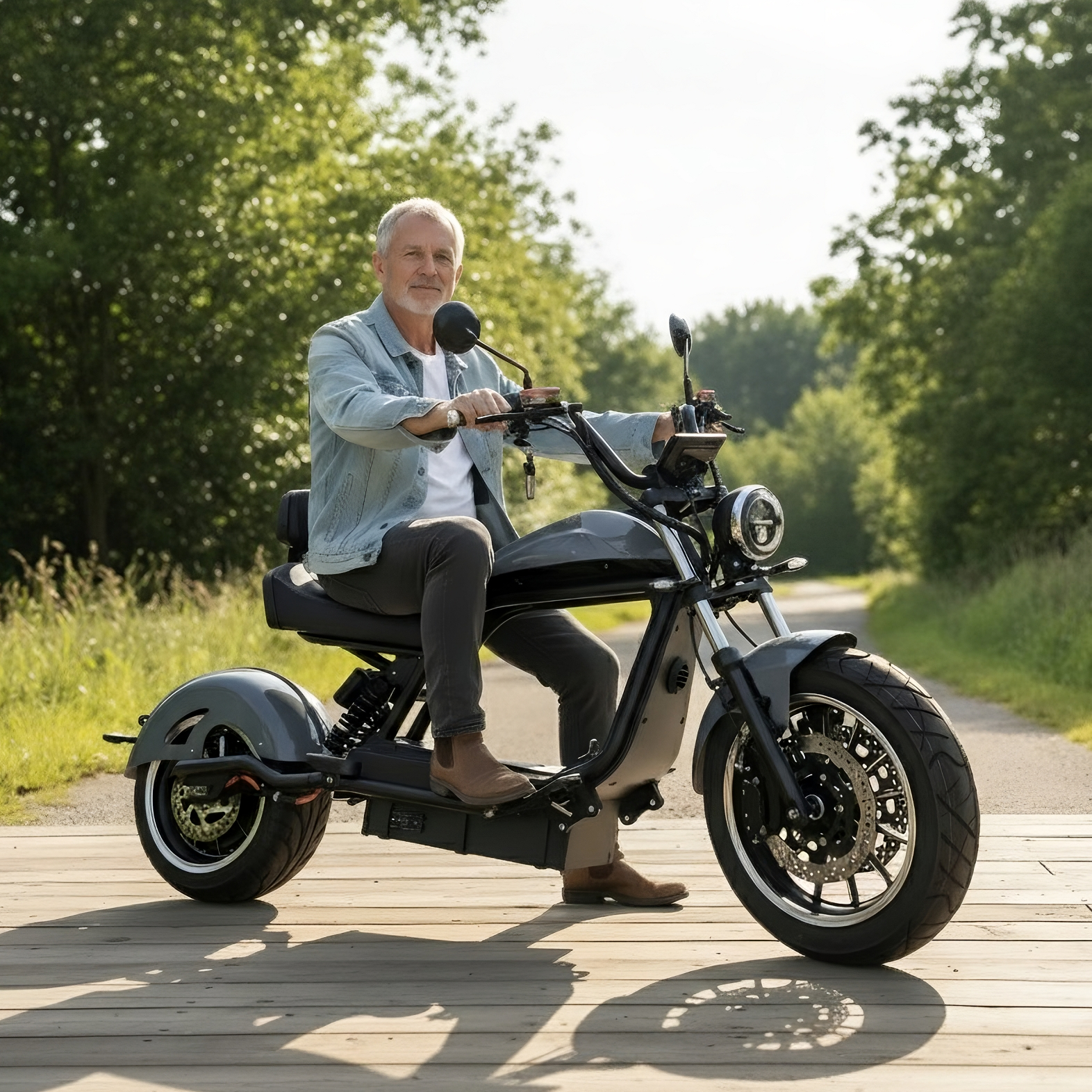 Älterer Herr fährt einen 25 km/h E-Chopper im Retro-Design von Star-Biker durch eine sonnige Parklandschaft
