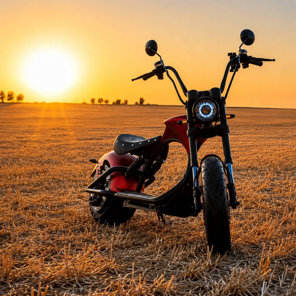 Star-Biker Chopper M1P Basic in Crimson Red auf einem abgeernteten Feld bei Sonnenuntergang