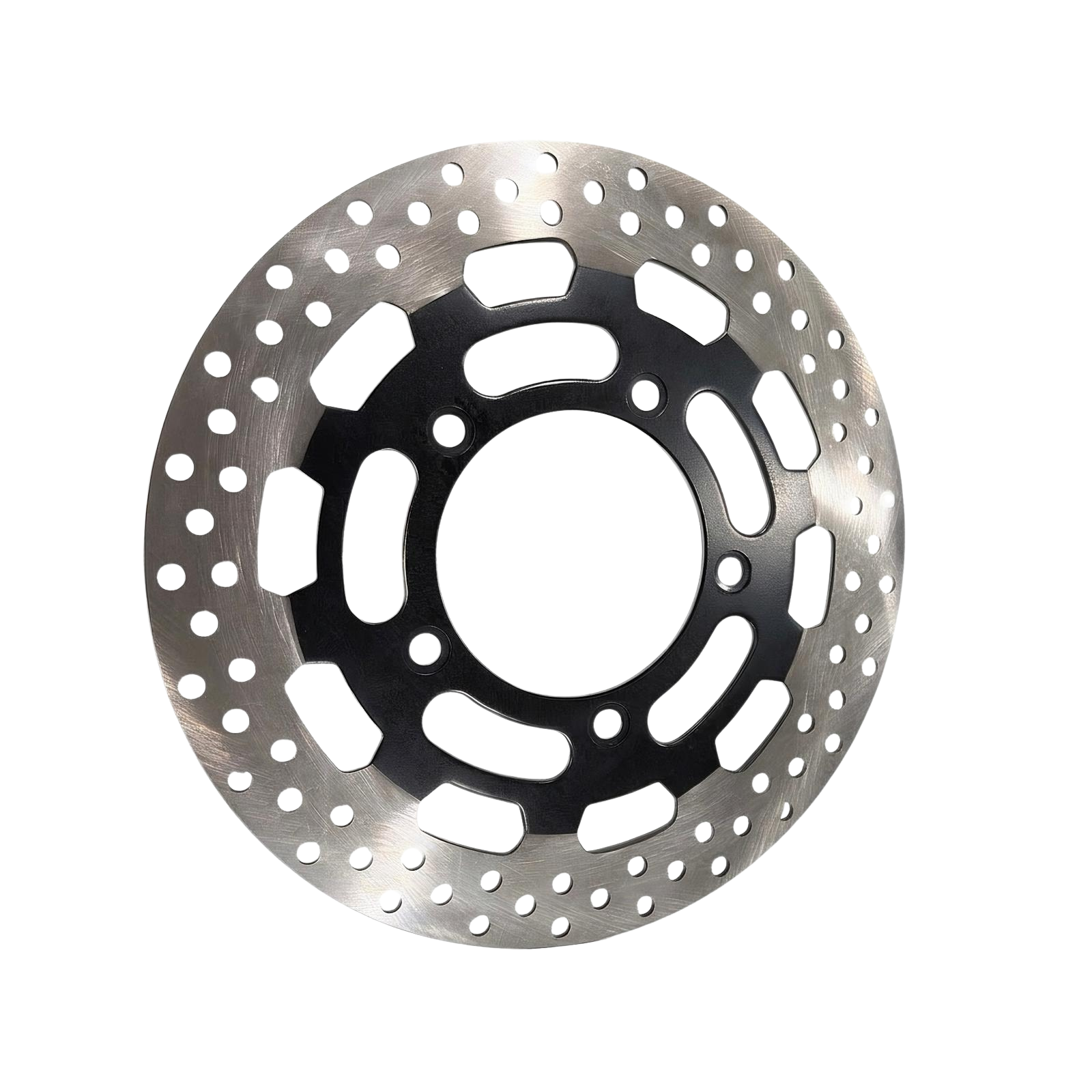 Detailaufnahme einer gelochten Bremsscheibe aus Metall für Star-Biker E-Chopper mit schwarzem Innenkern und silberner Bremsfläche