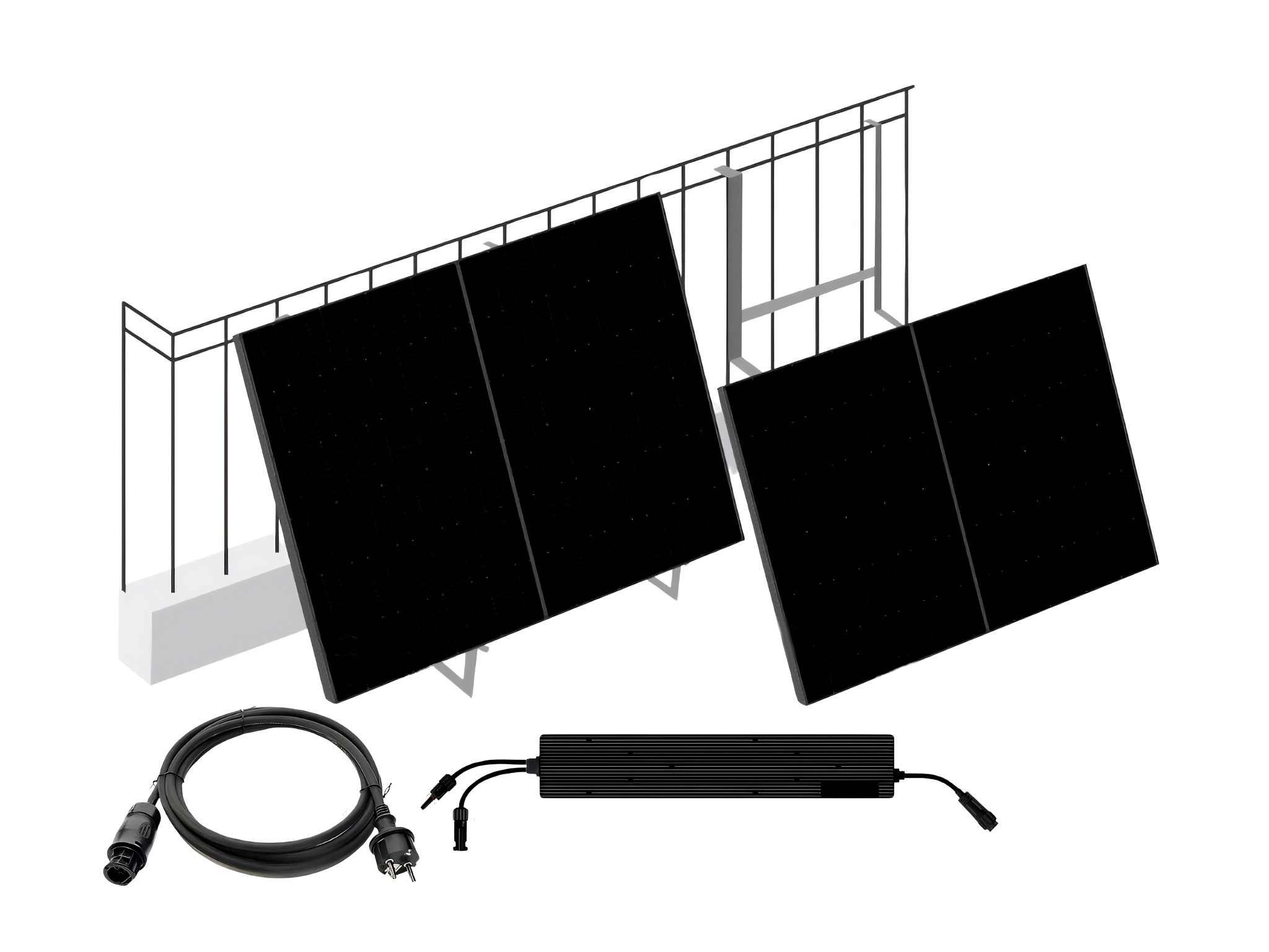 Komplettes Balkonkraftwerk-Set mit zwei schwarzen 440-Watt-Solarpanels, montiertem Mikro-Wechselrichter, Monitoring-Modul (ECU) und Anschlusskabel.