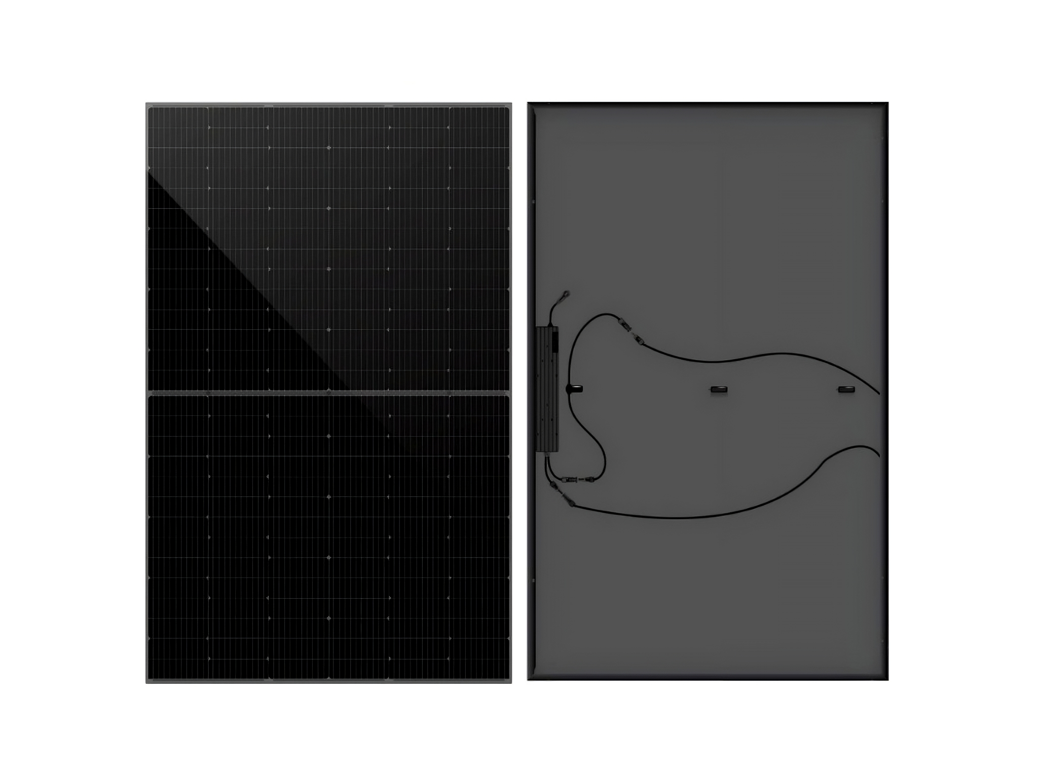 Zwei schwarze 440-W Solarpanels, Vorder- und Rückseite gezeigt, mit integrierter Anschlussdose und vormontiertem Wechselrichter.
