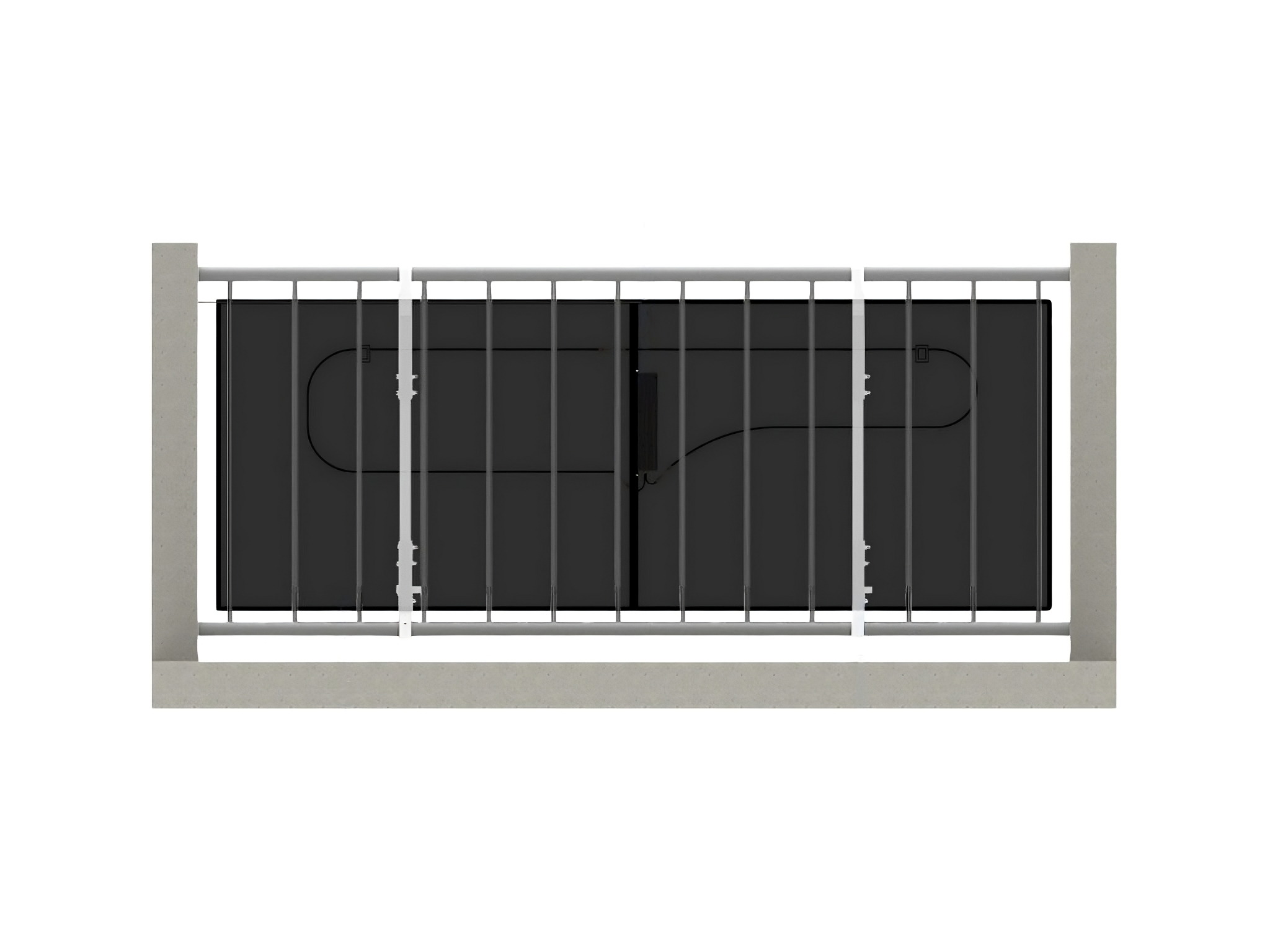 Balkonmontage-Beispiel: Solarpanel eines Balkonkraftwerks am Balkongeländer befestigt, Wechselrichter rückseitig vormontiert (Set ohne Halterung).