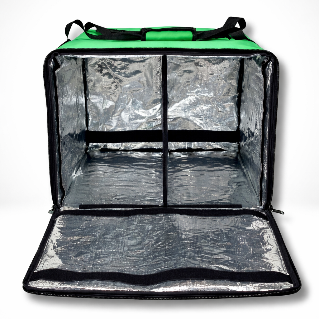 Innenansicht der offiziellen Uber Eats Liefertragetasche mit isolierter Aluminium-Innenbeschichtung und Trennfach für Food-Delivery