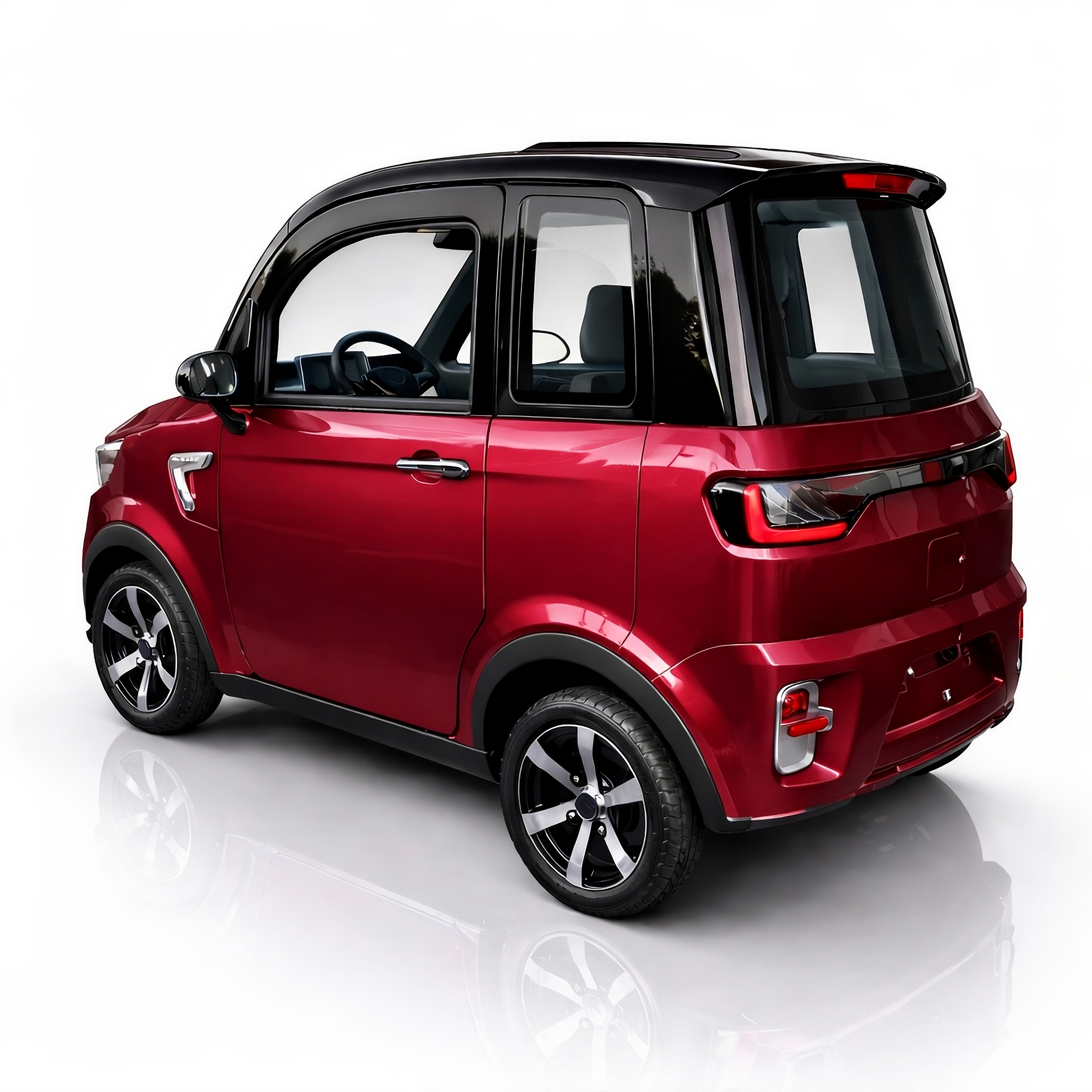 SEVION Kabinenroller Rot – 3/4 Heckansicht elektrisches Cityfahrzeug mit Lenker