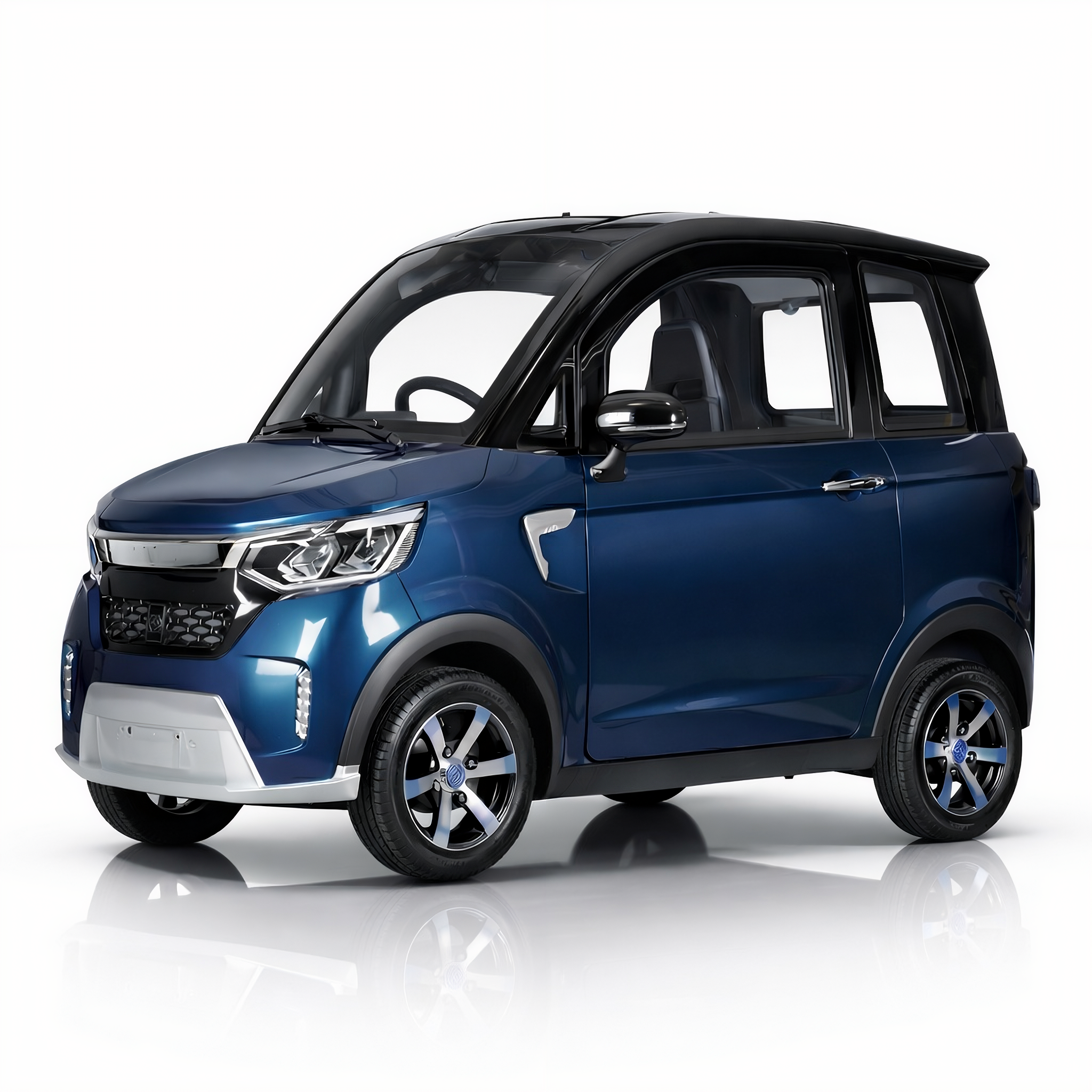 SEVION Kabinenroller in Blau – elektrische Citycar Frontansicht mit schwarzem Dach und 45 km/h Version