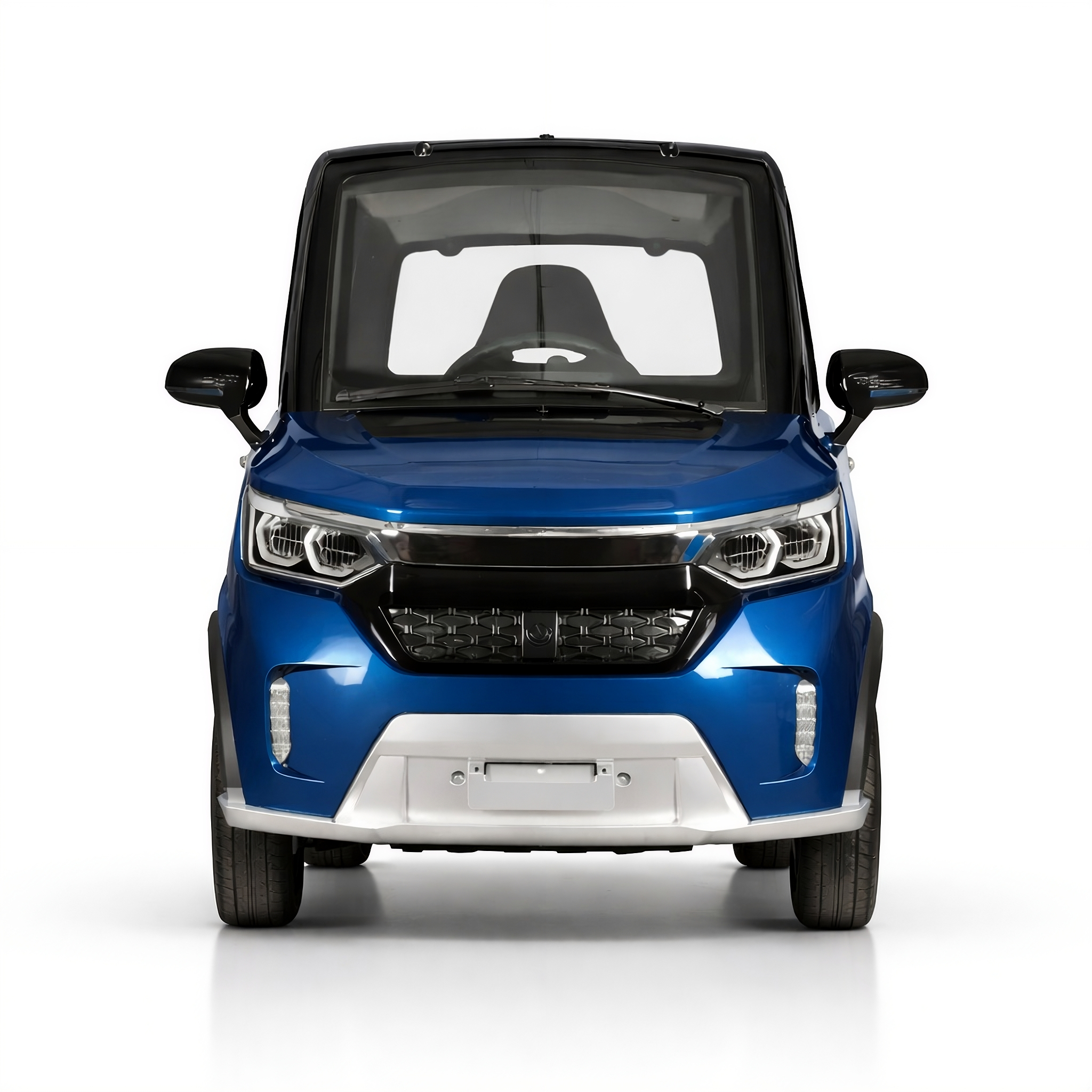 SEVION Kabinenroller elektrisch – Frontansicht in Blau mit LED-Scheinwerfern und 3 kW Motor