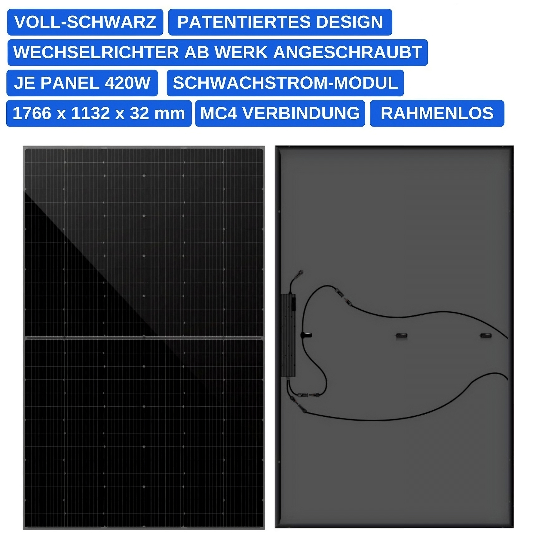 Zwei schwarze 420-W Solarpanels, Vorder- und Rückseite gezeigt, mit integrierter Anschlussdose und vormontiertem Wechselrichter.