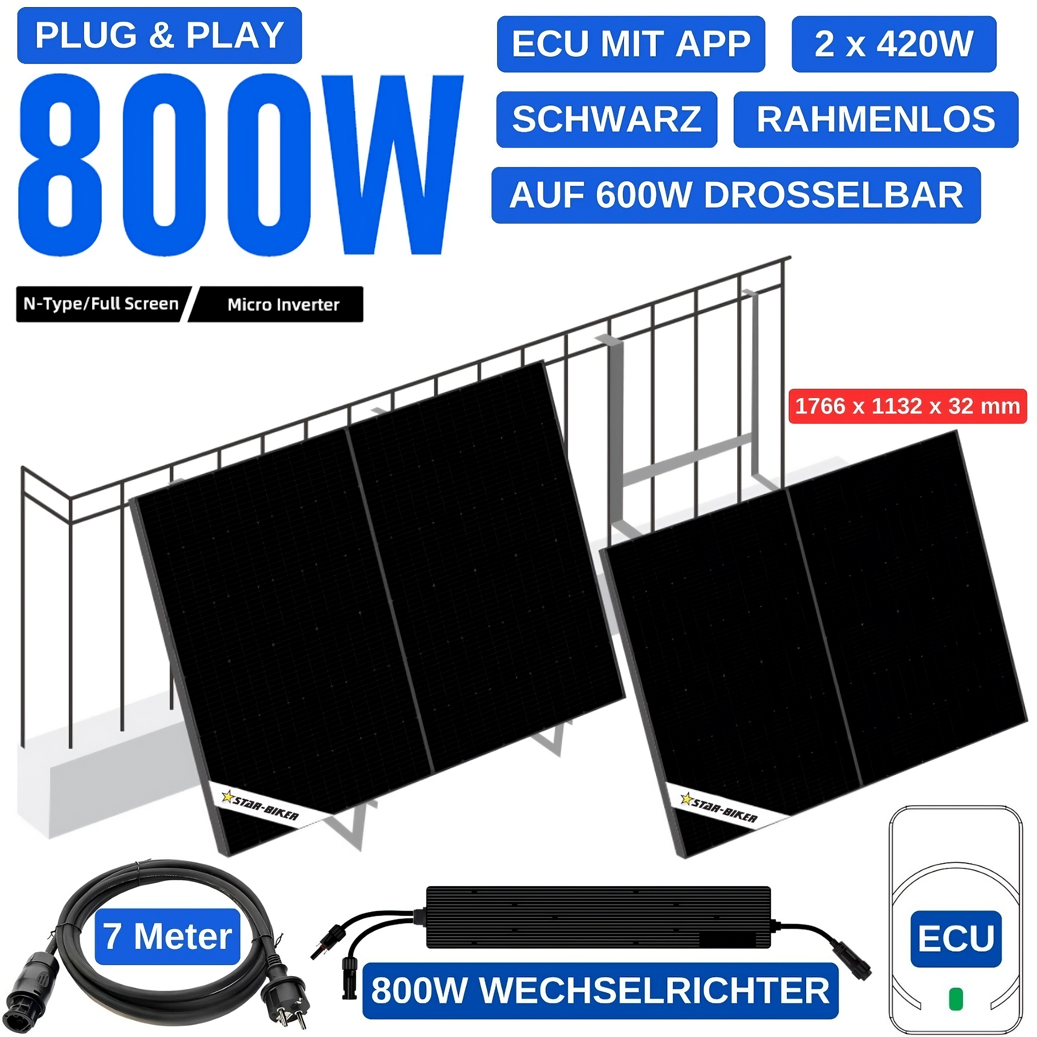 Komplettes Balkonkraftwerk-Set mit zwei schwarzen 420-Watt-Solarpanels, montiertem Mikro-Wechselrichter, Monitoring-Modul (ECU) und Anschlusskabel.