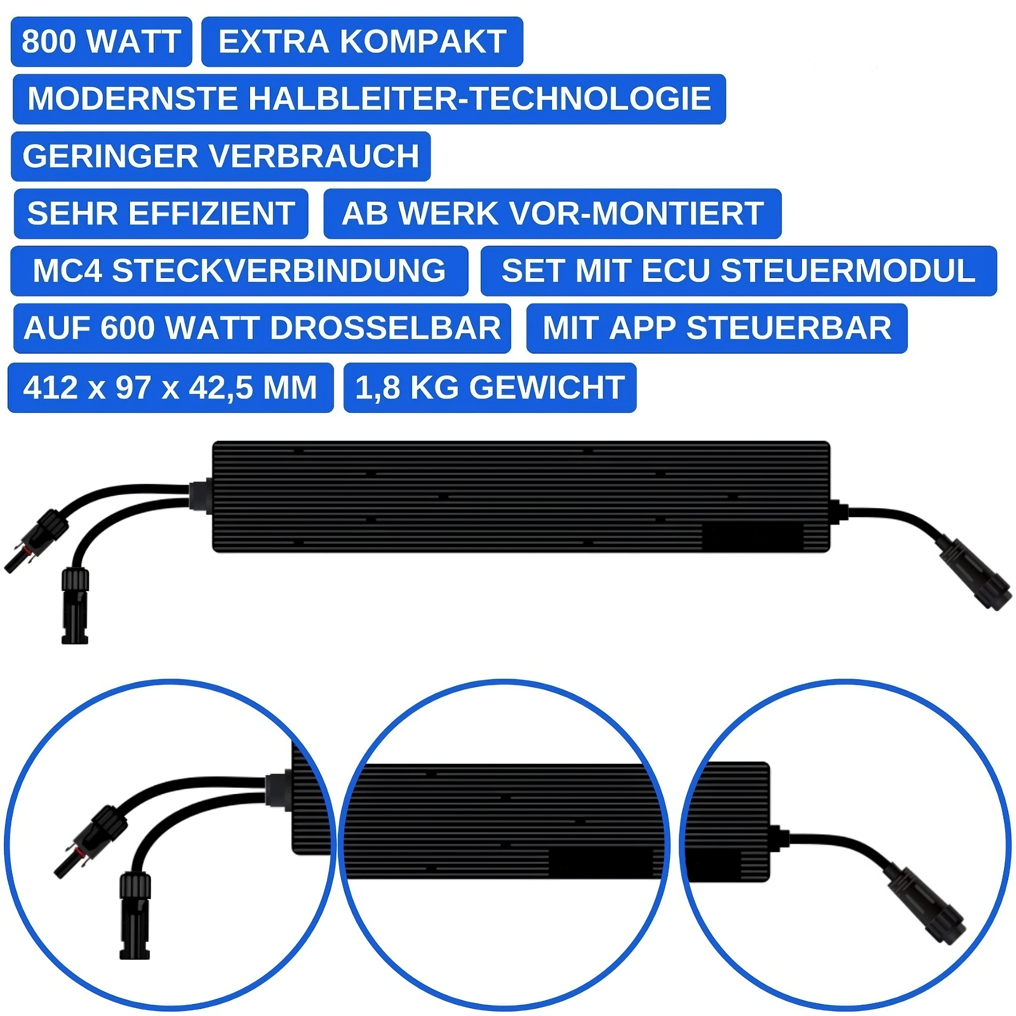 Kompakter 800-W-Mikro-Wechselrichter (vormontiert) mit MC4-Anschlüssen und ECU-Modul, effizient und auf 600 W einspeisebegrenzt.
