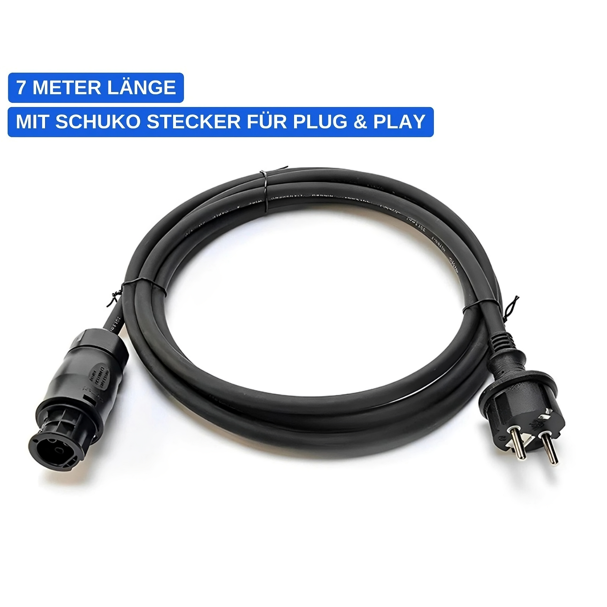 7 Meter langes AC-Anschlusskabel mit Schuko-Stecker für Balkonkraftwerk, ermöglicht Plug-&-Play-Einspeisung in die Steckdose.