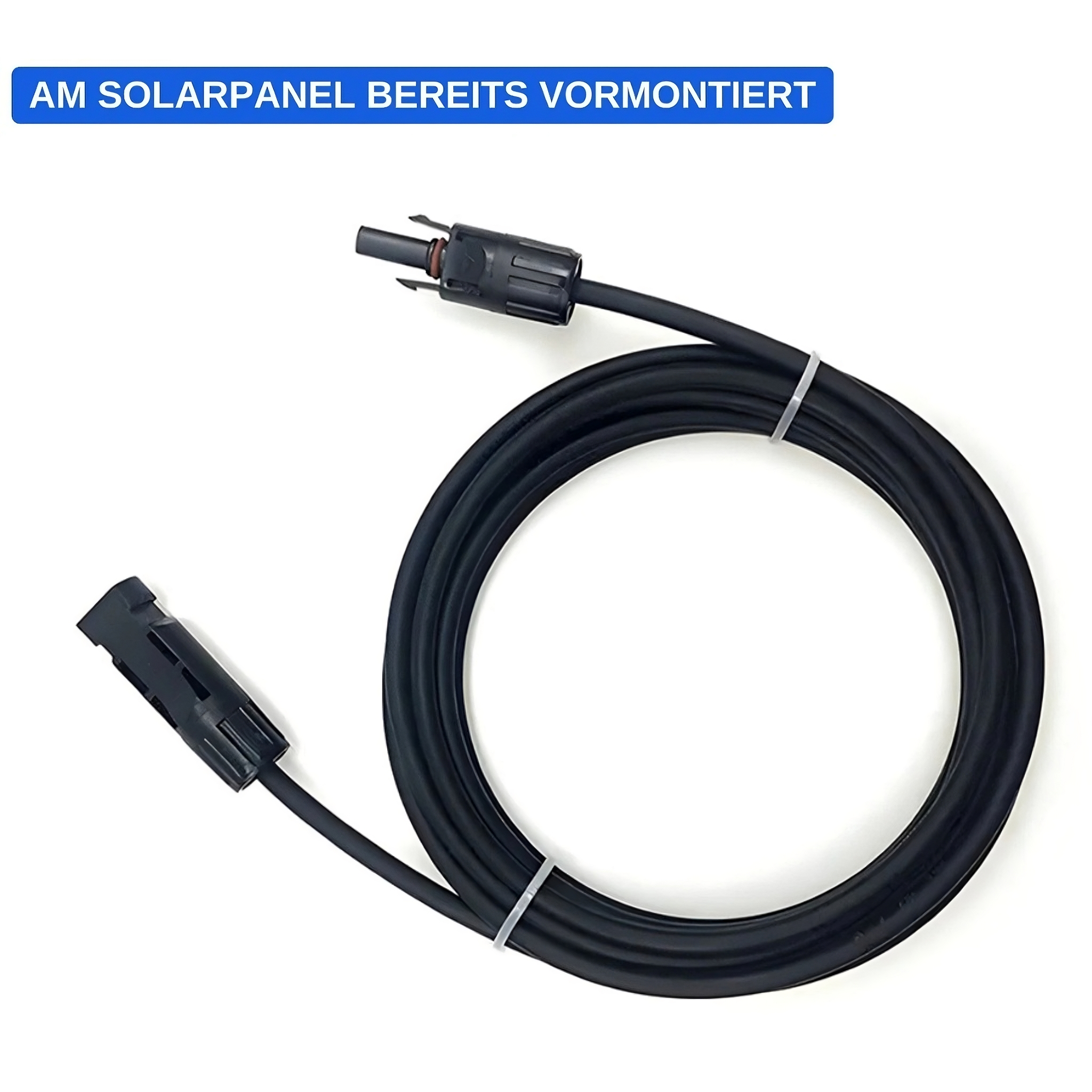Vormontiertes DC-Verbindungskabel mit MC4-Steckern am Solarmodul – einfache Steckverbindung zwischen Solarpanel und Wechselrichter.