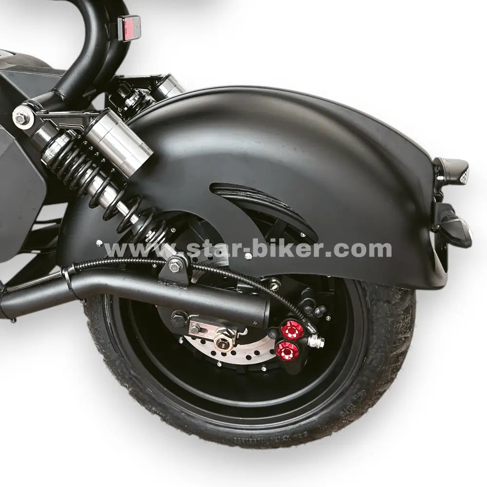 Heckansicht des Star-Biker Cruiser 3.0s (Luqi HL3.0) mit bürstenlosem Nabenmotor im Hinterrad, Scheibenbremse und Kennzeichenhalterung.