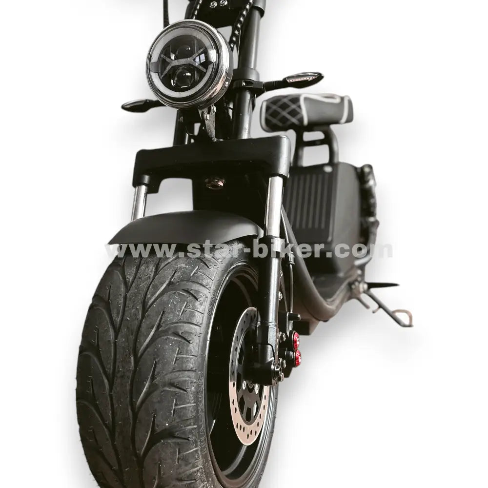 Frontansicht des Star-Biker Cruiser 3.0s (Luqi HL3.0) mit LED-Frontscheinwerfer, breitem Vorderrad, Scheibenbremse und vorderer Federung.