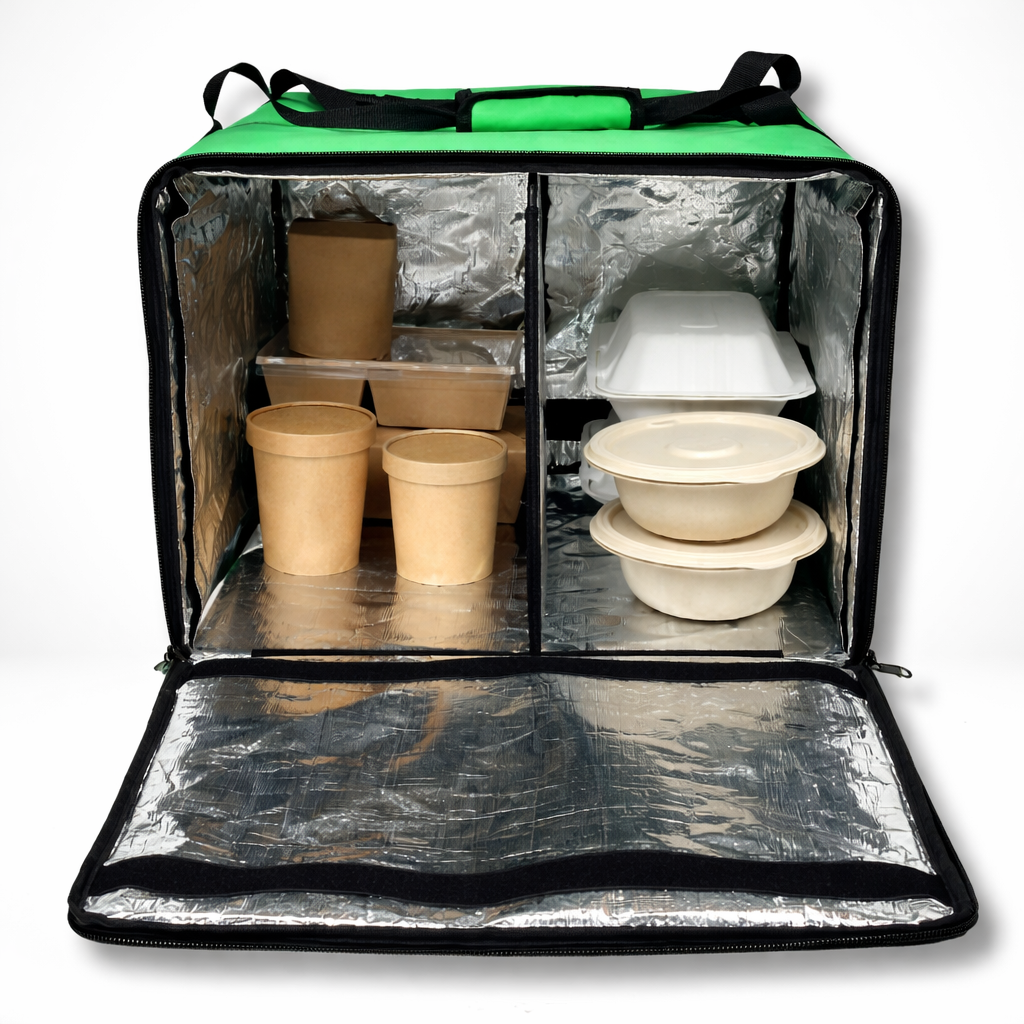 Uber Eats Liefertragetasche mit warmen Speisen und Getränken im isolierten Innenraum für sicheren Food-Delivery Transport