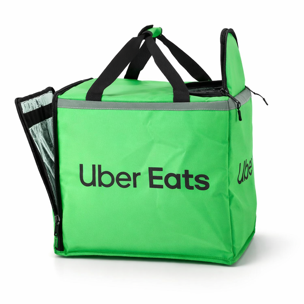 Offizielle Uber Eats Liefertragetasche mit geöffneter Frontklappe für schnelles Be- und Entladen von Food-Delivery Bestellungen