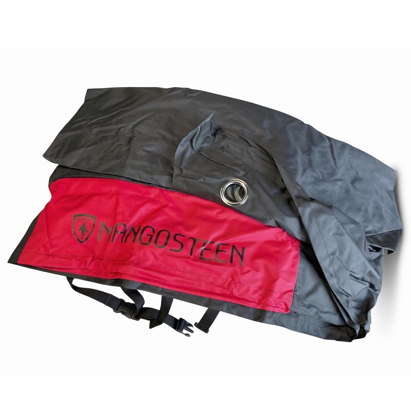 Wasserdichte Abdeckplane für E-Chopper mit Mangosteen Branding und Befestigungsgurten zum Schutz vor Wetter und Schmutz
