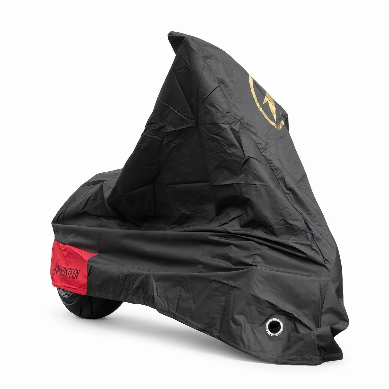 Wasserdichte Abdeckplane für E-Chopper mit Mangosteen Branding und Befestigungsgurten zum Schutz vor Wetter und Schmutz