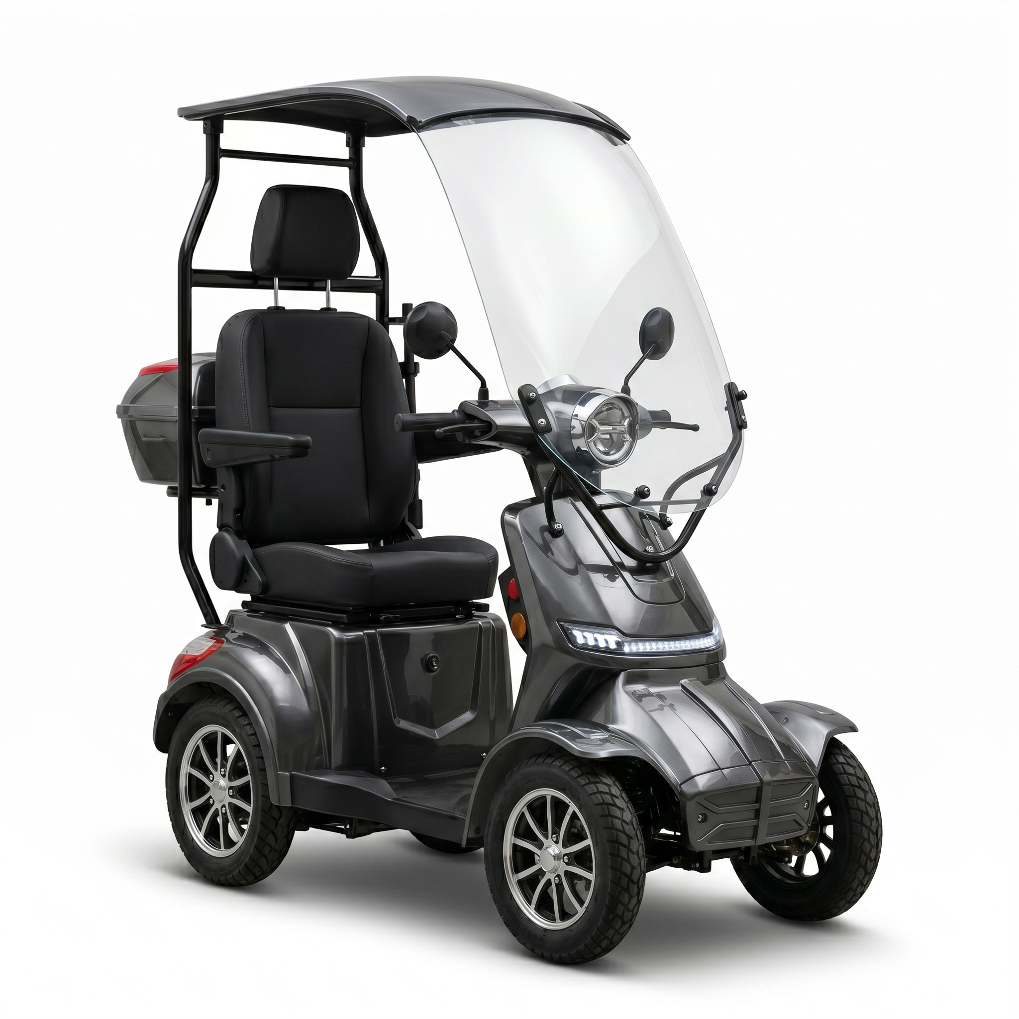 SEVION Elektromobil Pro 40 in Grau mit Dach, Frontscheibe, LED-Licht, Komfortsitz und Heckbox in schräger Frontansicht