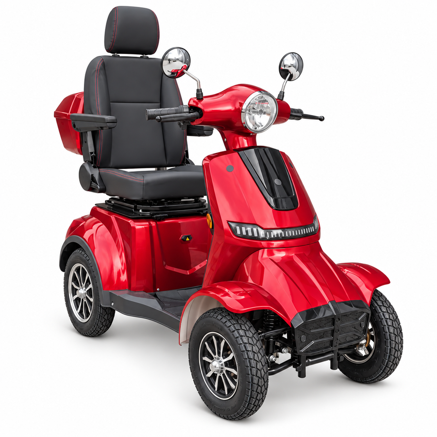 SEVION Elektromobil PRO 40 Li in Velvet Red – 4-Rad-Seniorenmobil mit 25 km/h, Komfortsitz mit Armlehnen und Topcase