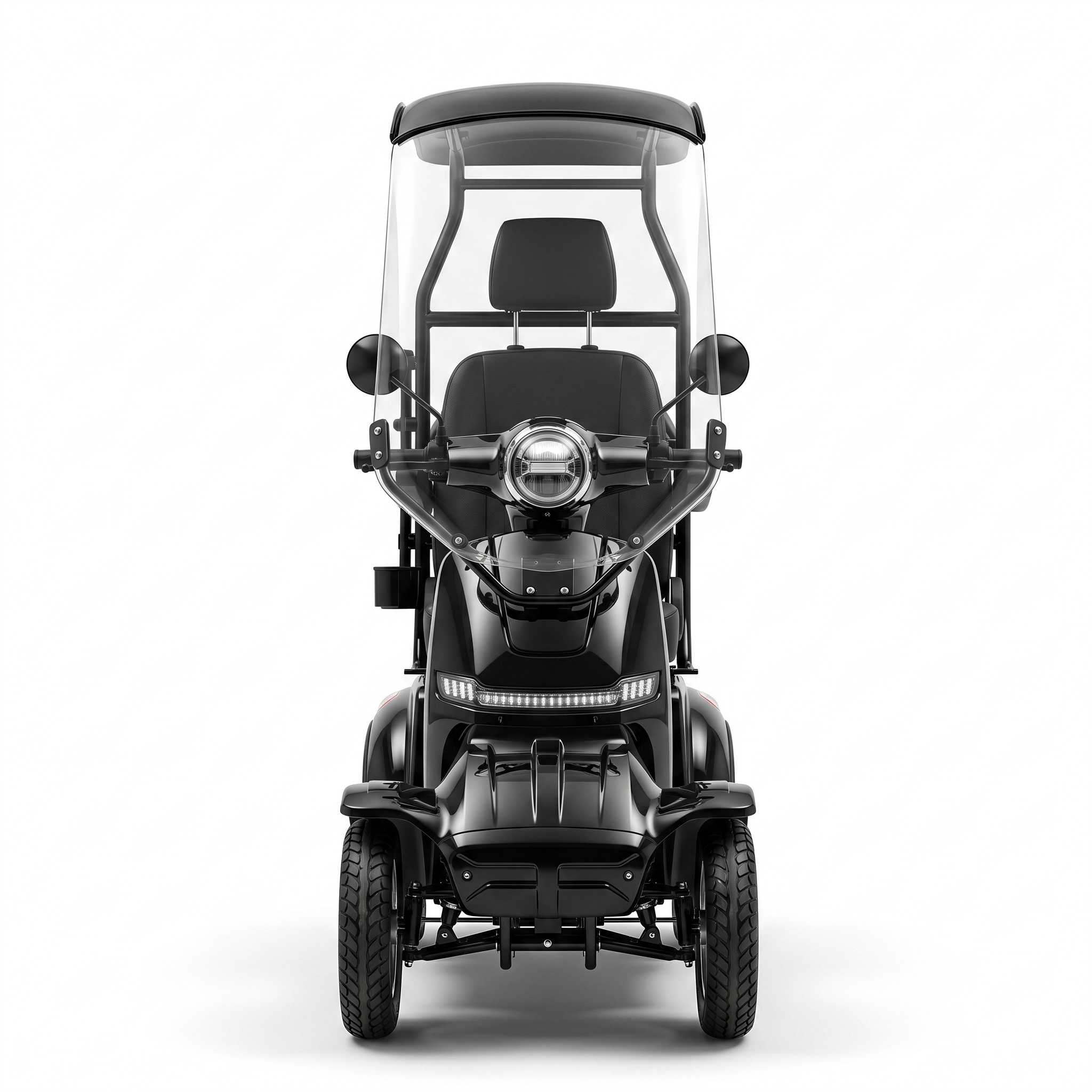 SEVION Elektromobil Pro 40 in Schwarz frontal mit großer Frontscheibe, rundem Scheinwerfer, LED-Lichtleiste, Dach und vier Rädern
