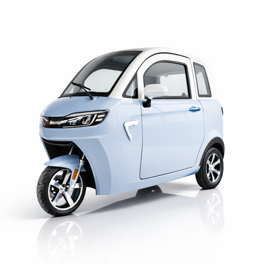 SEVION SK3 Kabinenroller in Blau dreirädriges Elektrofahrzeug mit geschlossener Kabine und Stadtmobilität