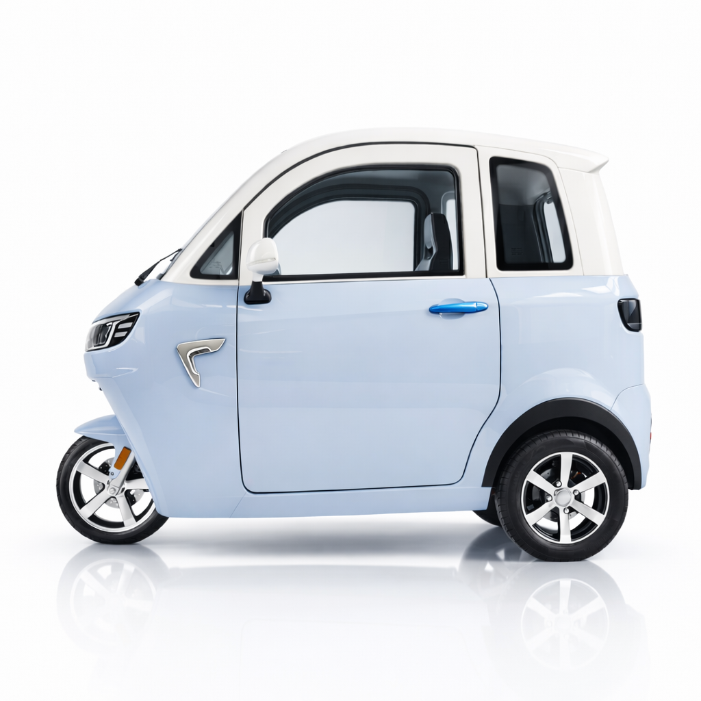SEVION SK3 Kabinenroller Seitenansicht dreirädrig mit Türen Panoramadach und kompaktem Citycar Design