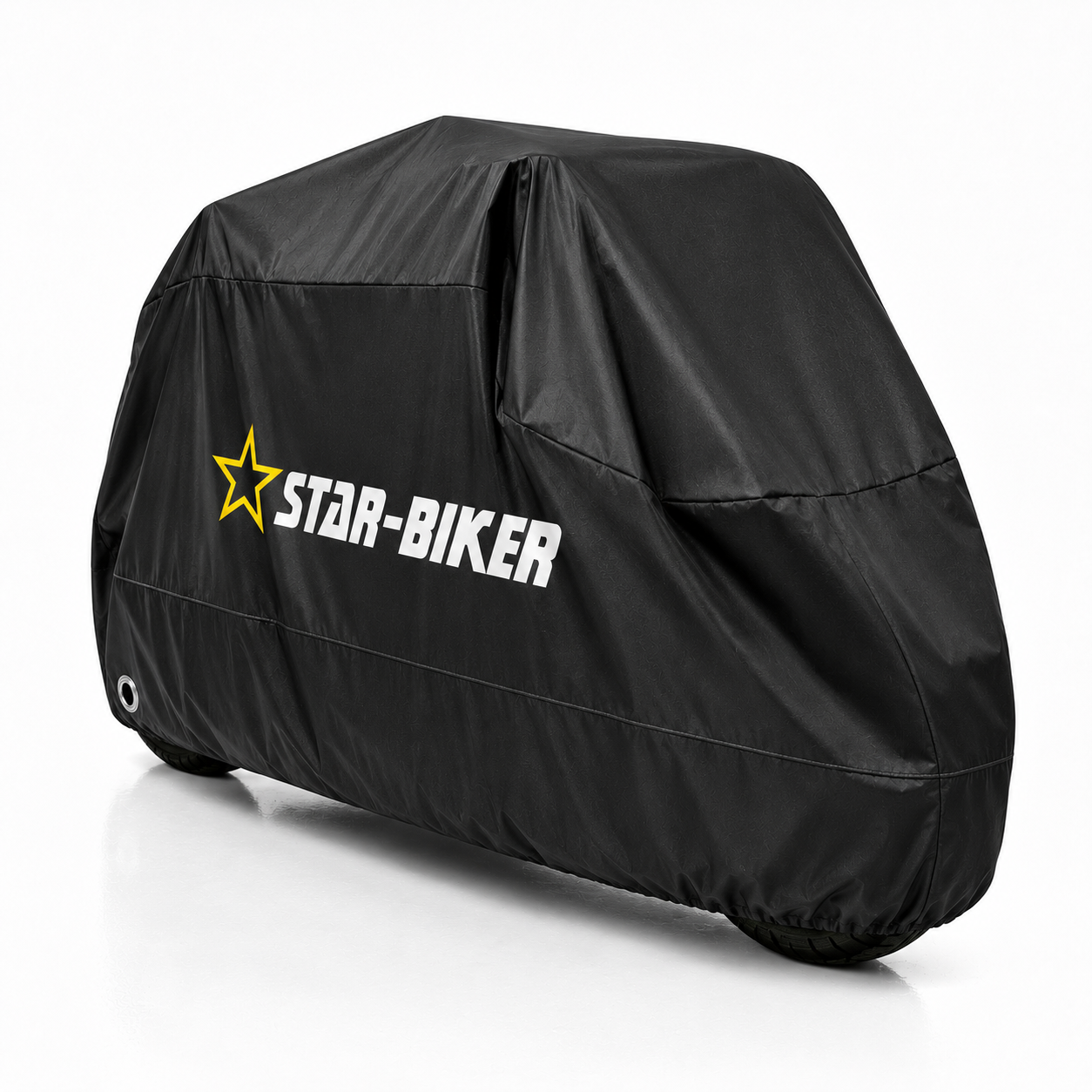 Star-Biker Abdeckplane locker über einem E-Chopper, Seitenansicht mit sichtbaren Reifen unter dem Saum