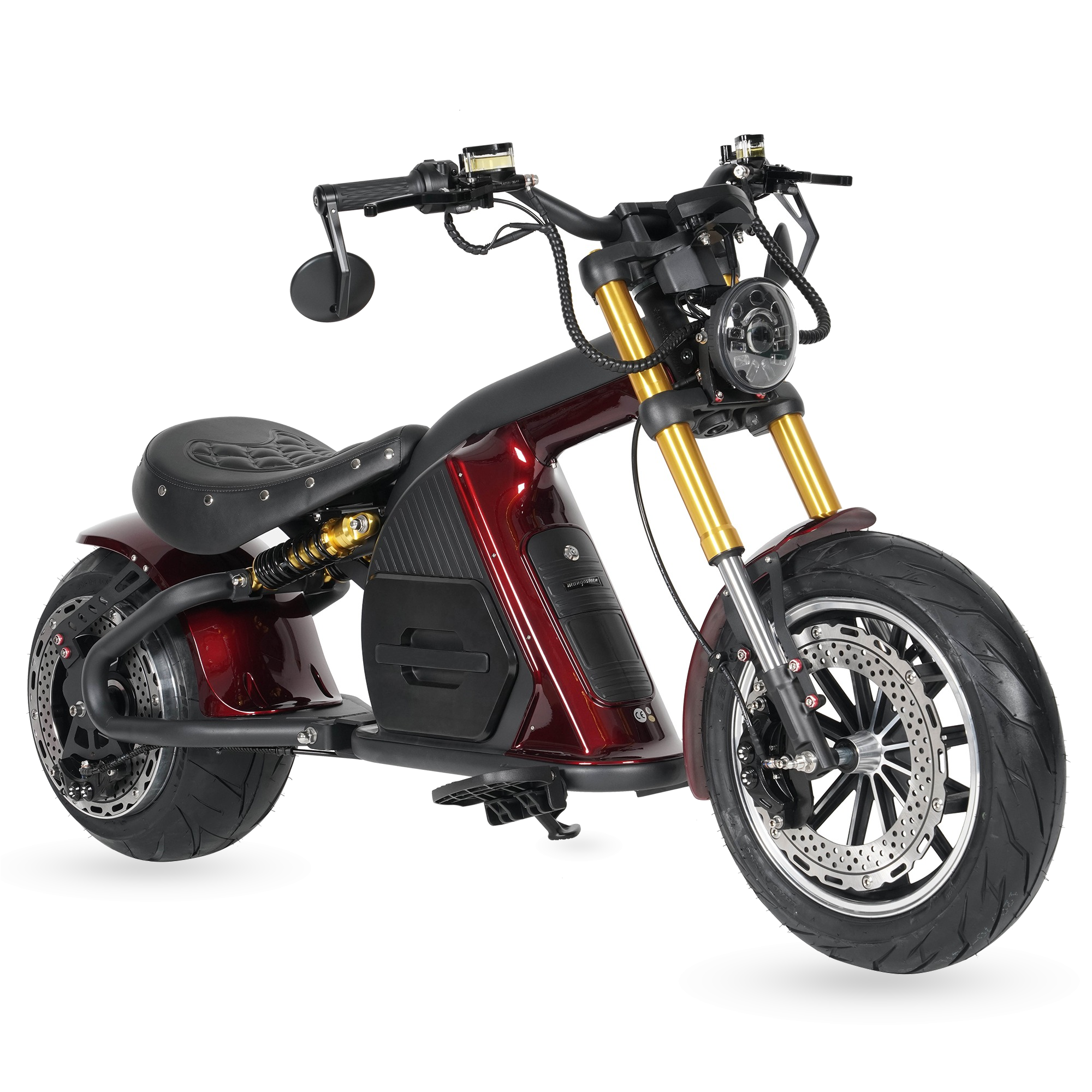 Star-Biker Bobber M8S Custom in Burgundy Wine, schräg von vorn mit Vorderrad rechts im Bild