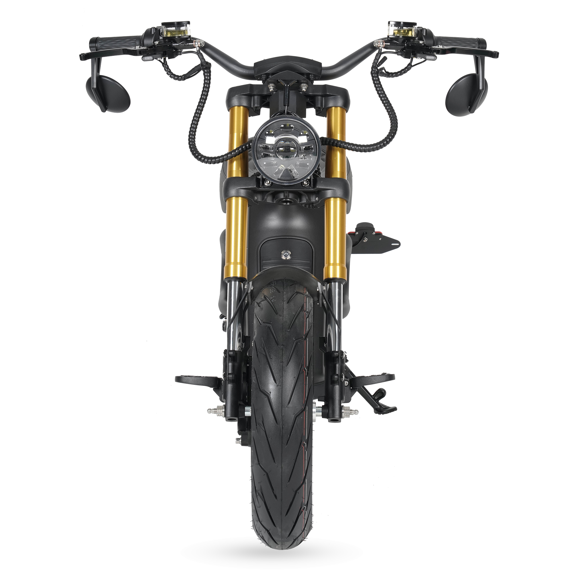 Star-Biker Bobber M8S Custom in Shadow Black, direkt von vorn mit rundem Scheinwerfer