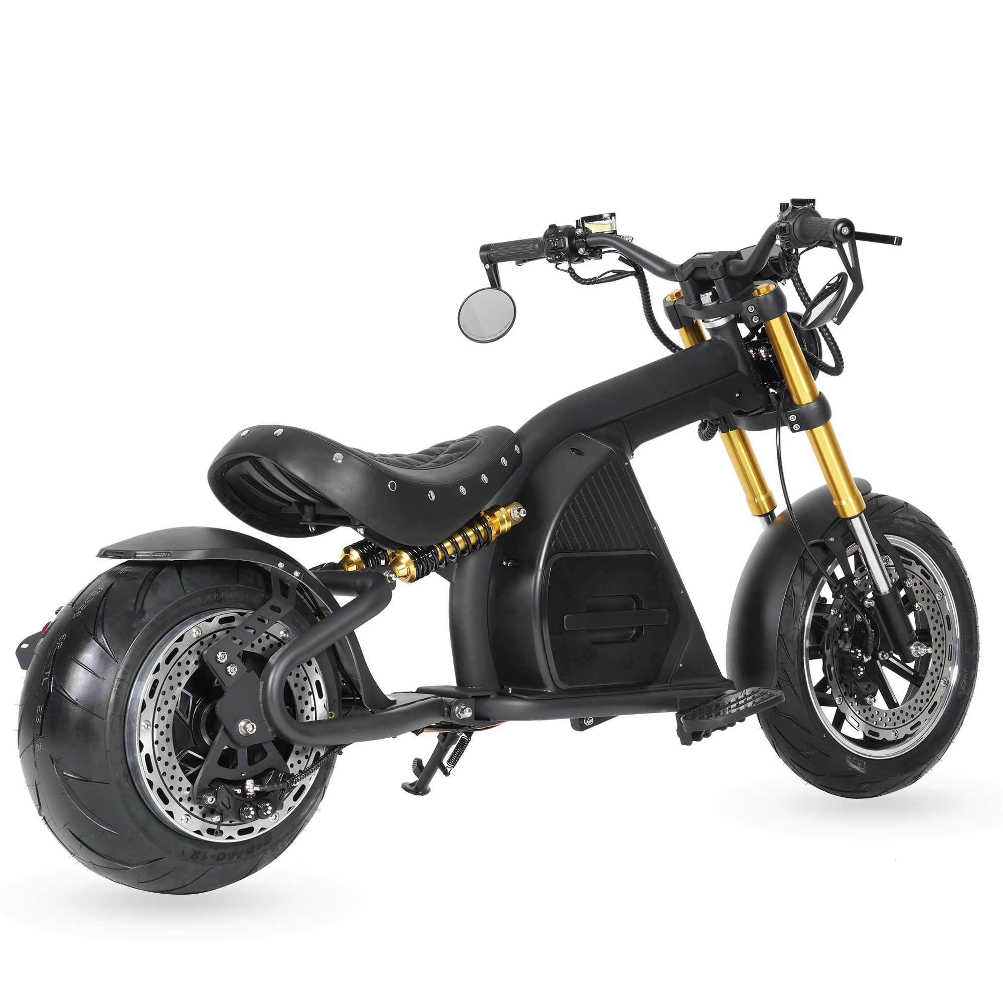 Star-Biker Bobber M8S Custom in Shadow Black, schräg von hinten mit Hinterreifen links im Bild