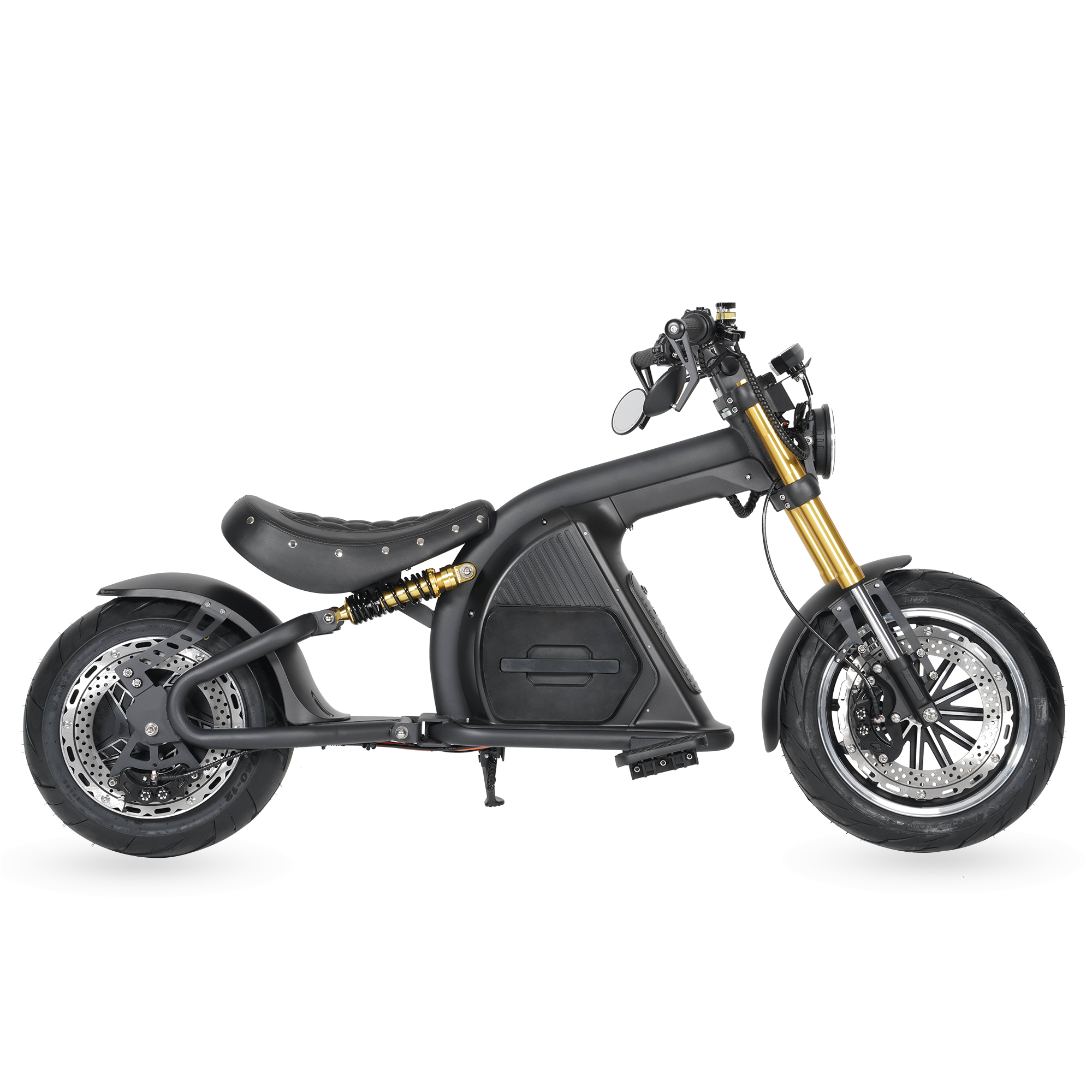 Star-Biker Bobber M8S Custom in Shadow Black, Seitenansicht mit Vorderrad rechts im Bild
