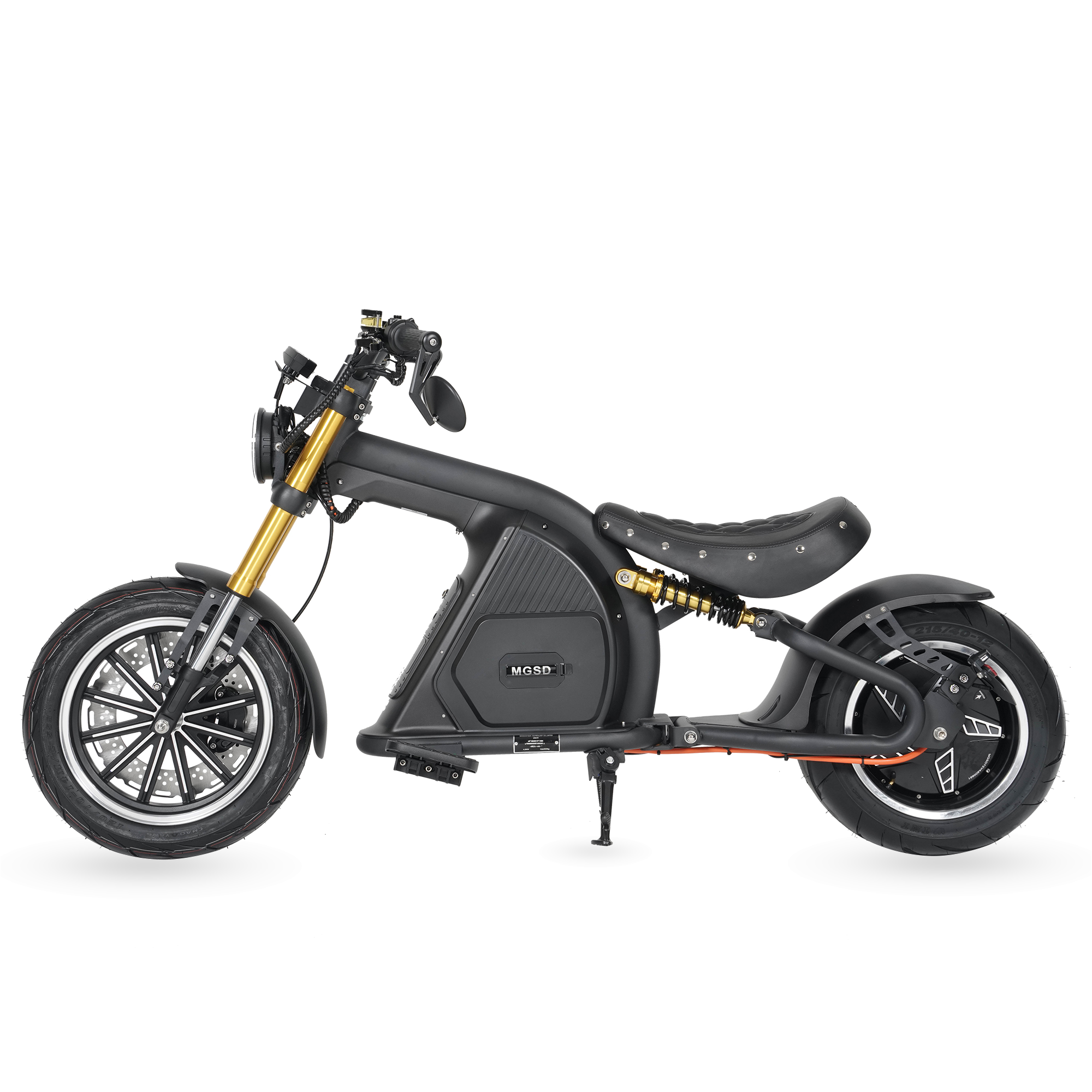 Star-Biker Bobber M8S Custom 85 km/h in Shadow Black, Seitenansicht mit Vorderrad links im Bild