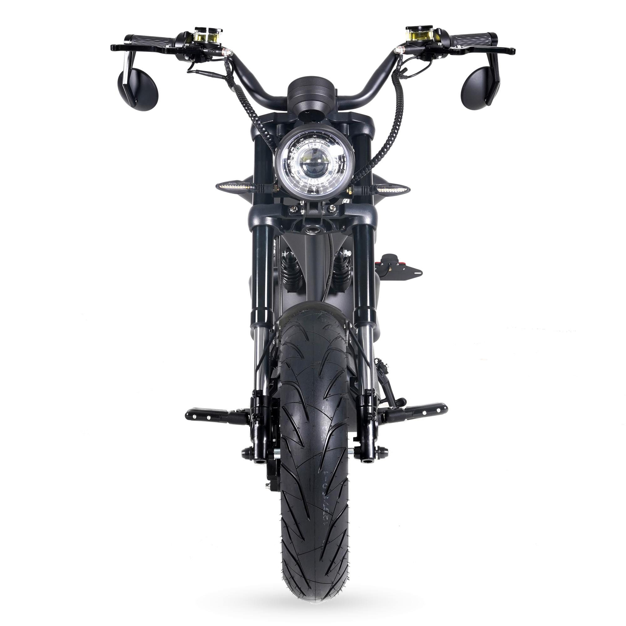 Star-Biker Chopper M1P Custom in Shadow Black, direkt von vorn mit rundem LED-Scheinwerfer