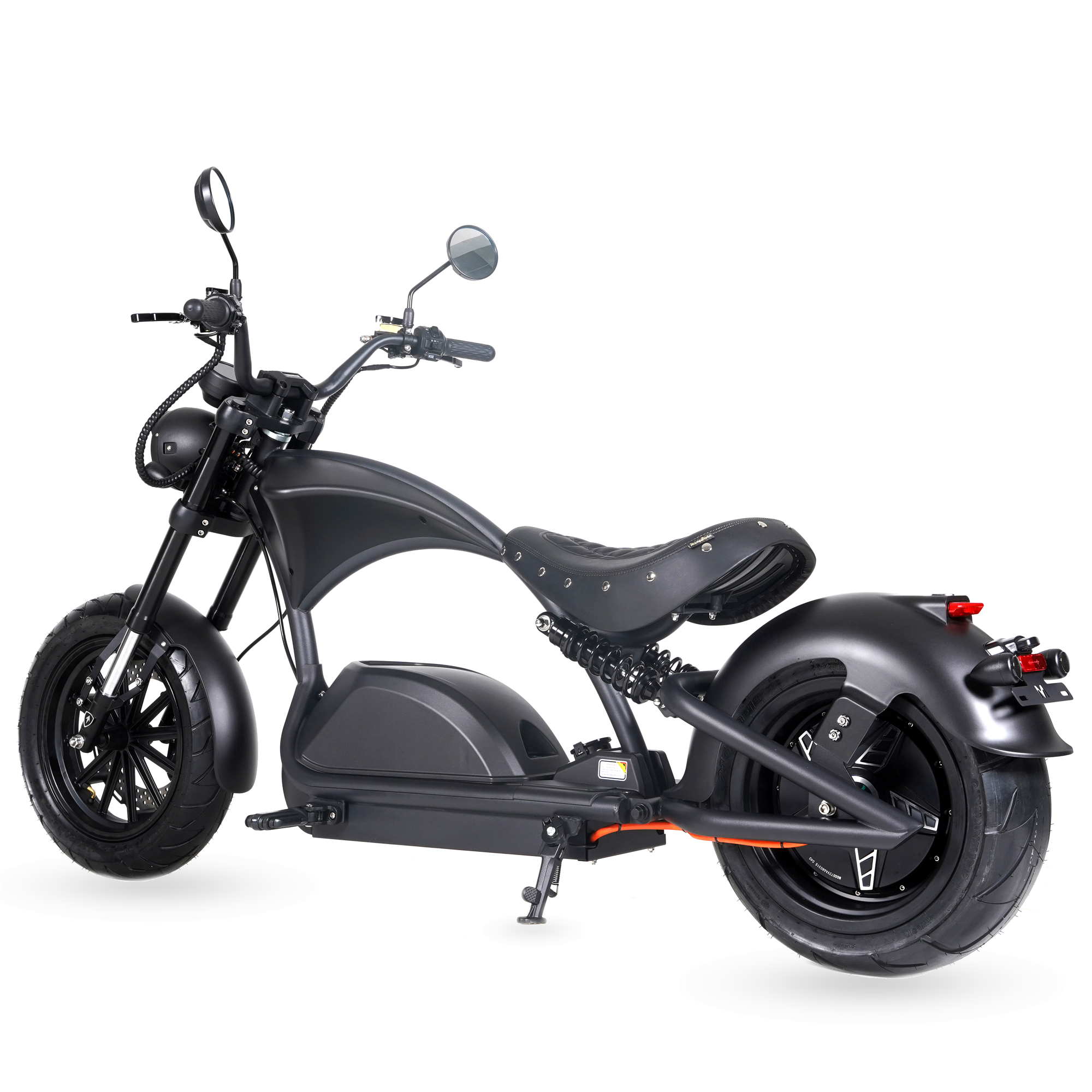 Star-Biker Chopper M1PS Knight 85 km/h in Mattschwarz, Dreiviertelansicht von hinten rechts mit Einzelsitz und Scheibenbremse