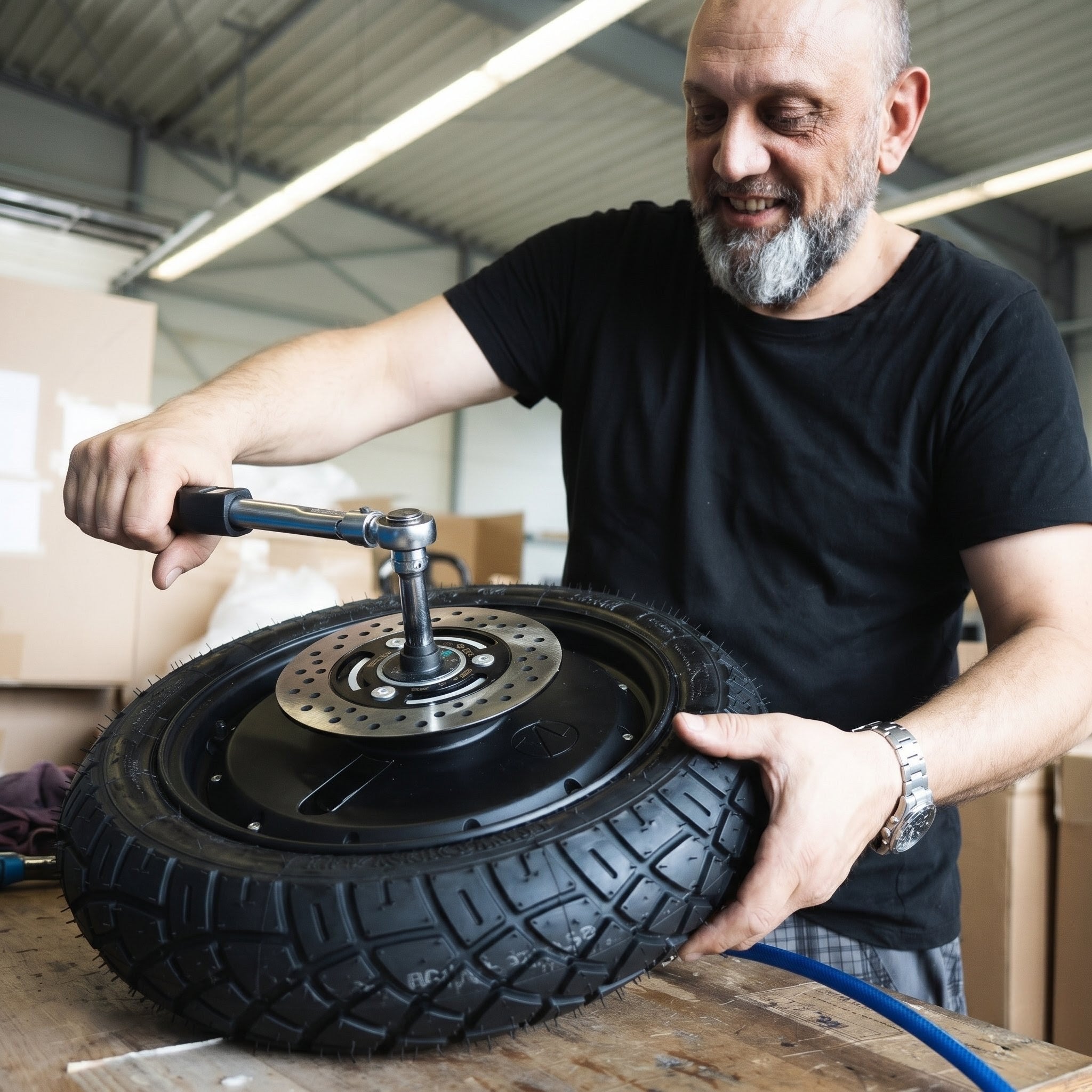 Star-Biker Mechaniker zieht ein E-Scooter-Rad mit Drehmomentschlüssel fest und führt eine fachgerechte Reifenmontage in der Werkstatt durch