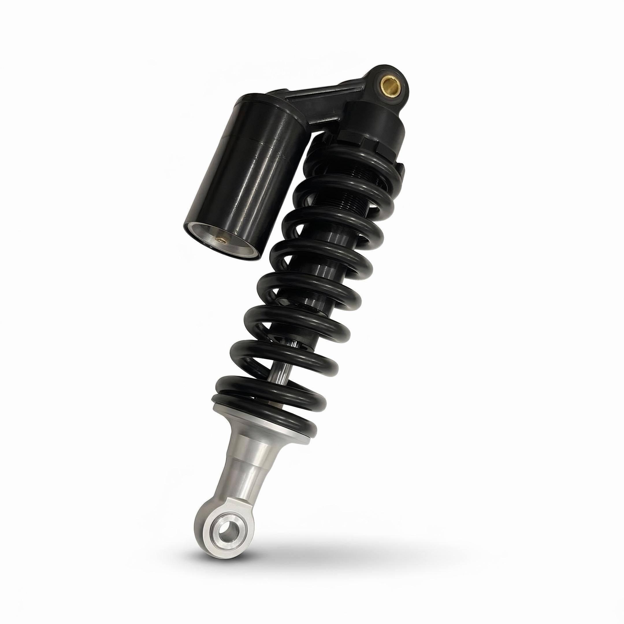 Detailaufnahme eines hinteren Stoßdämpfers mit schwarzer Feder und integriertem Öldämpfer für Star-Biker E-Chopper